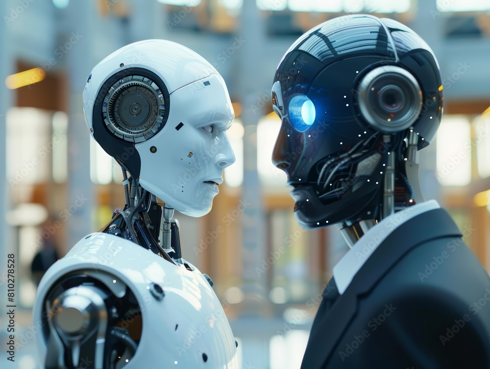 Charismatic concept of a businessman, reimagined as a robot negotiating in a futuristic marketplace, visualized in hitech styles, closeup cinematic sharpen Charismatic concept of a businessman, reimagined as a robot negotiating in a futuristic marketplace, visualized in hitech styles, closeup cinematic sharpen