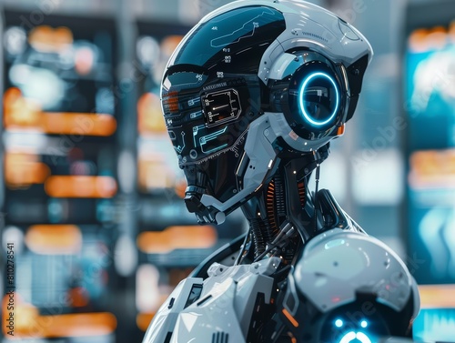 Charismatic concept of a businessman, reimagined as a robot negotiating in a futuristic marketplace, visualized in hitech styles, closeup cinematic sharpen