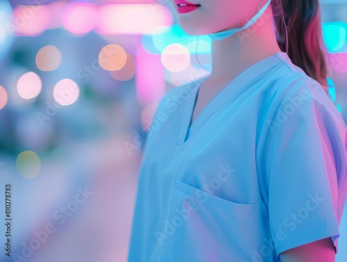 Closeup half body of a nurse with Glow HUD big Icon of healthcare, administering care with precision and empathy, on a blur background of a hospital in pastel color