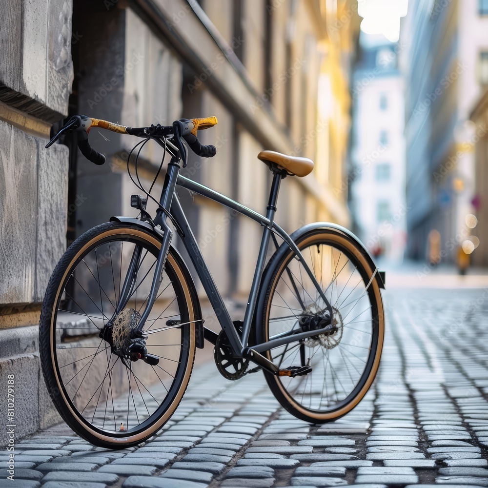 Closeup shot of a highperformance bicycle in an urban setting, perfect for sports equipment advertising with space for text