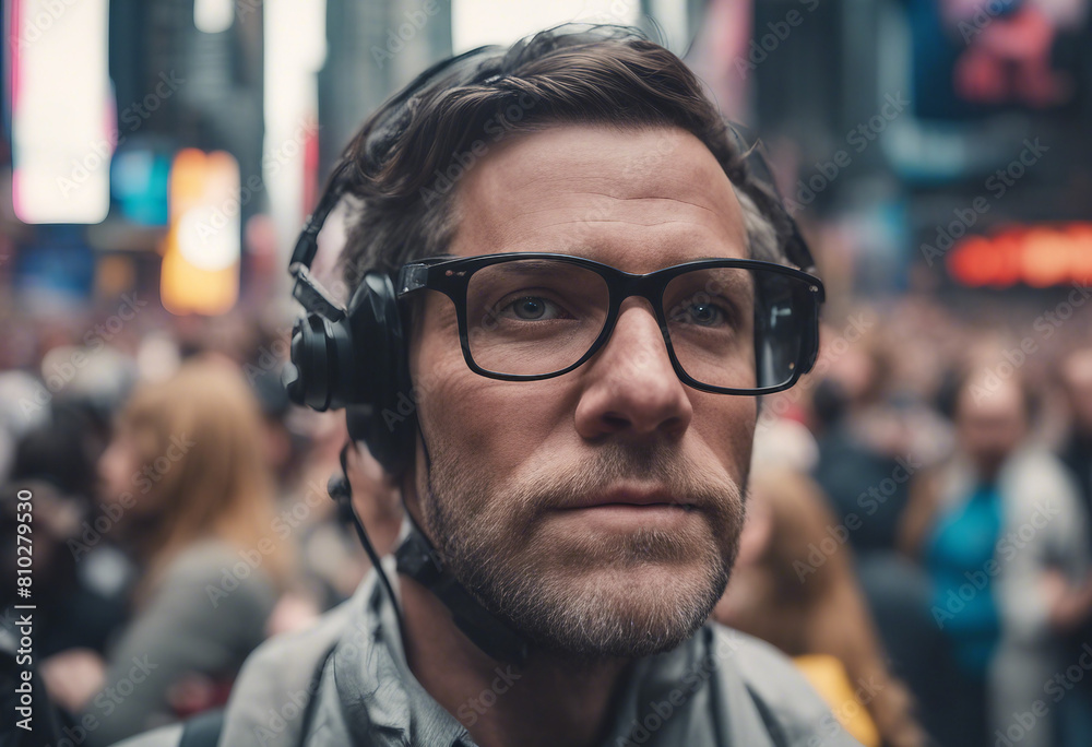 portrait of American worker making among crowded demonstrators at times square, copy space for a text

