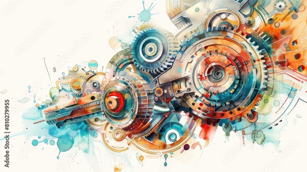 Creative watercolor of an intricate machine part representing engineering in cyber styles, clipart watercolor on white background Creative watercolor of an intricate machine part representing engineering in cyber styles, clipart watercolor on white background