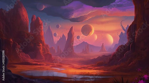 A captivating illustration of a vast alien landscape, bathed in the soft glow of multiple moons hovering in the sky, strange rock formations and exotic flora dotting the surreal terrain, a sense of ot