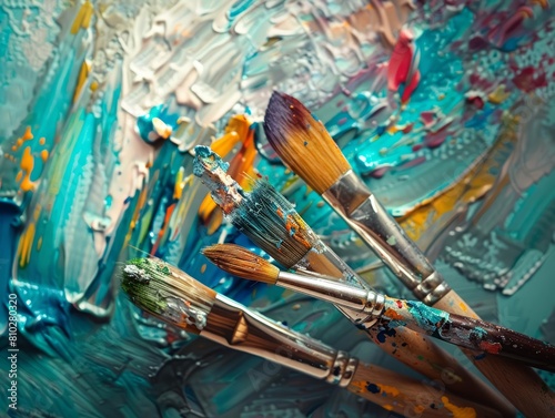 Detailed image of an artists paintbrushes against a canvas, set in a studio, perfect for art supply ads with text space photo