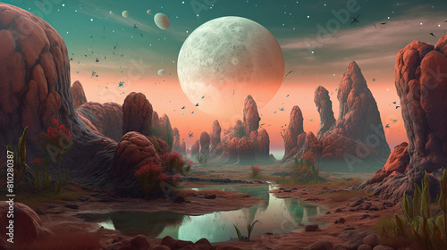 A captivating illustration of a vast alien landscape, bathed in the soft glow of multiple moons hovering in the sky, strange rock formations and exotic flora dotting the surreal terrain, a sense of ot photo