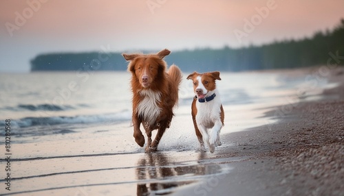 two active dogs run along the beach on the water nova scotia retriever and jack russell terrier