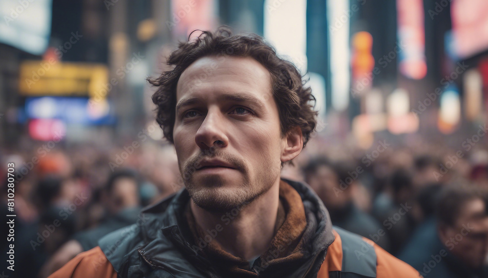 portrait of American worker making among crowded demonstrators at times square, copy space for a text

