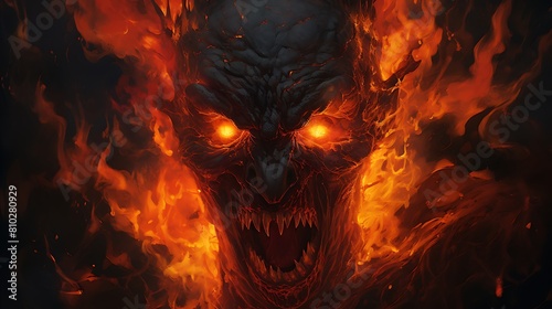 portrait of a demon surrounded by flames, demon looking at the camera in hell