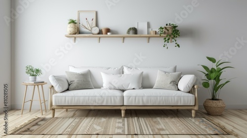White living room interior with sofa  side view  carpet on hardwood floor. Shelf and coffee table with decoration.
