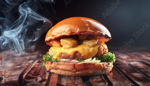 hot melting burger on smoke dark studio background tasty delicious spicy chicken and cheese hamburger generative ai