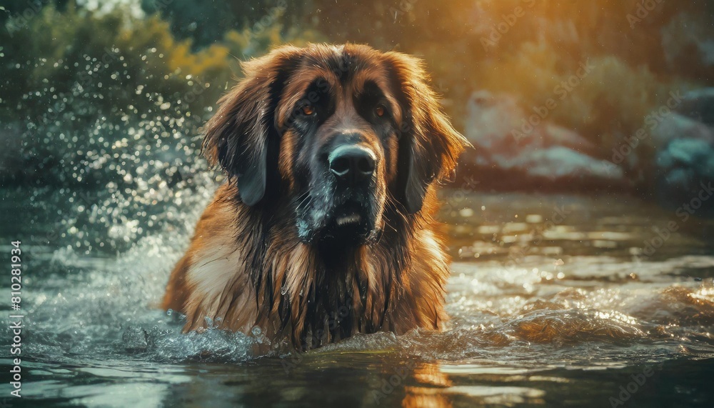 a leonberger dog in water