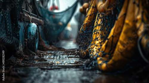 Closeup of a fishing nets hanging in the harbour at susnset. A day in the hard life of professional fishermen. photo