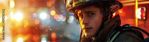 Portrait of a firefighter with Glow HUD big Icon of safety protocols, heroically preparing firefighting gear, against a blur background of a fire station in Luxury styles