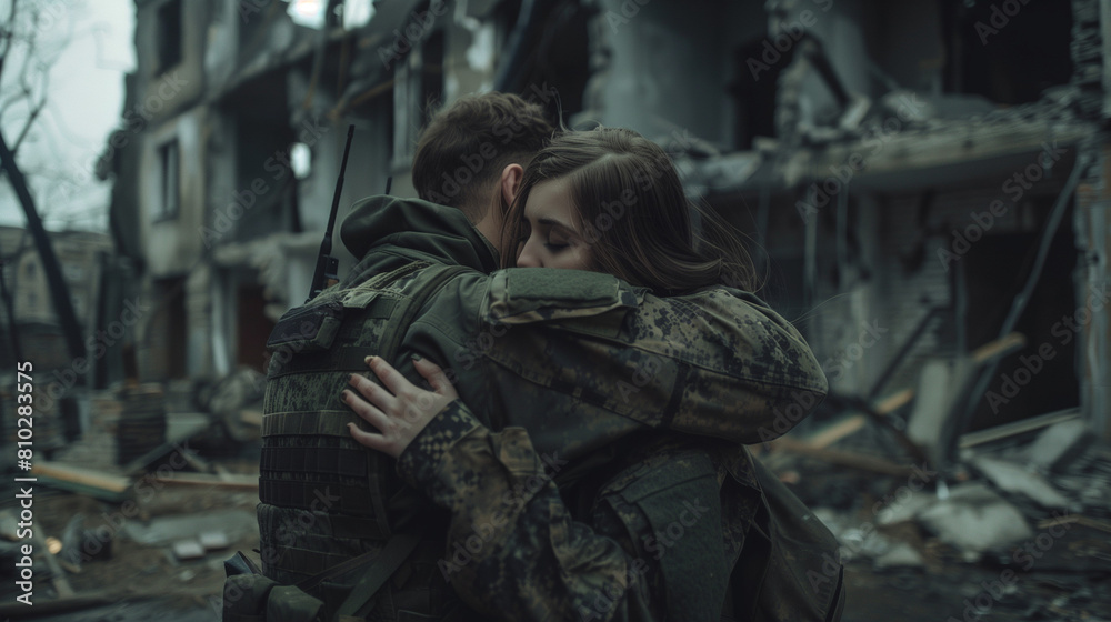 Soldier hugs a woman in war