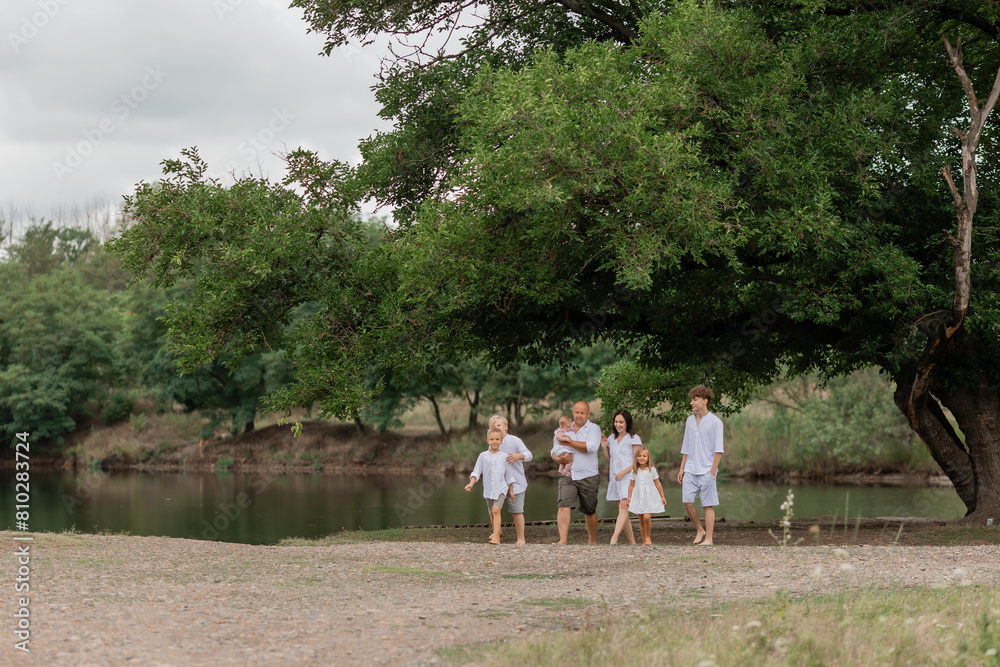 large family walks near the lake in the summer. High quality photo large family walks near the lake in the summer. High quality photo
