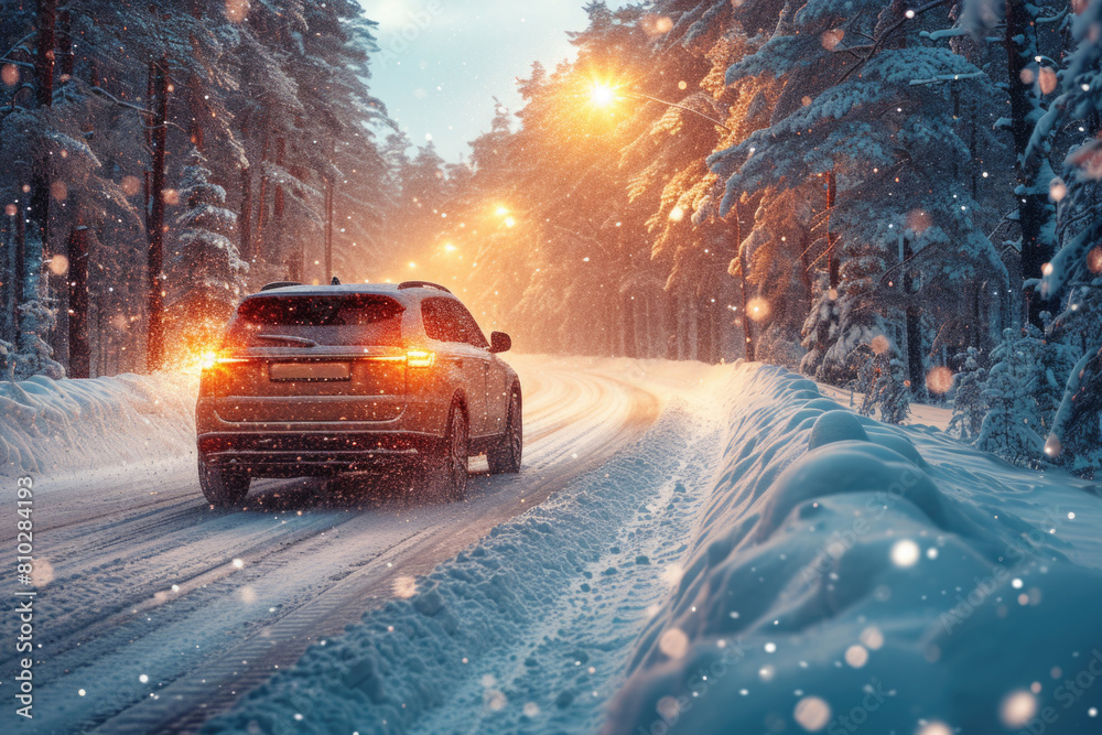 Car driving on a snow-covered road in the forest against the setting sun. Car driving on a snow-covered road in the forest against the setting sun.