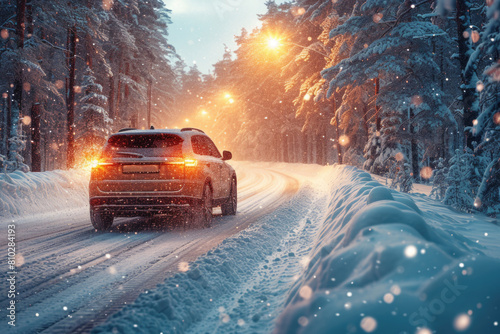 Car driving on a snow-covered road in the forest against the setting sun.