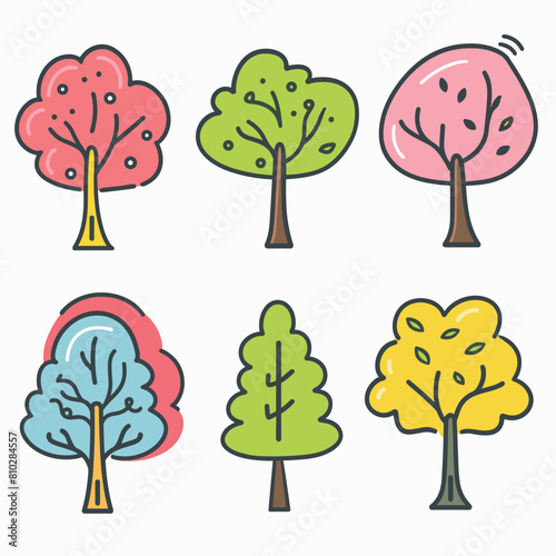 Collection colorful trees cartoon style isolated white background. Simplified green, pink, blue, yellow tree icons graphic design nature theme. Handdrawn arboreal elements bright hues playful art