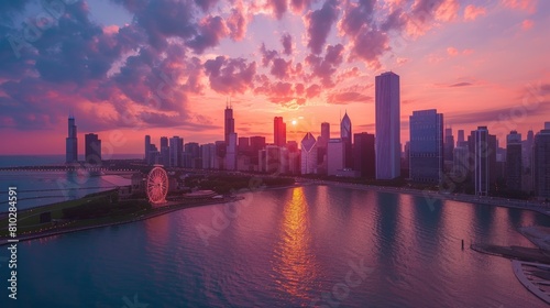 Wallpaper Mural Sunset Skyline Panorama: Aerial View of City Skyline with Ferris Wheel in Foreground Torontodigital.ca