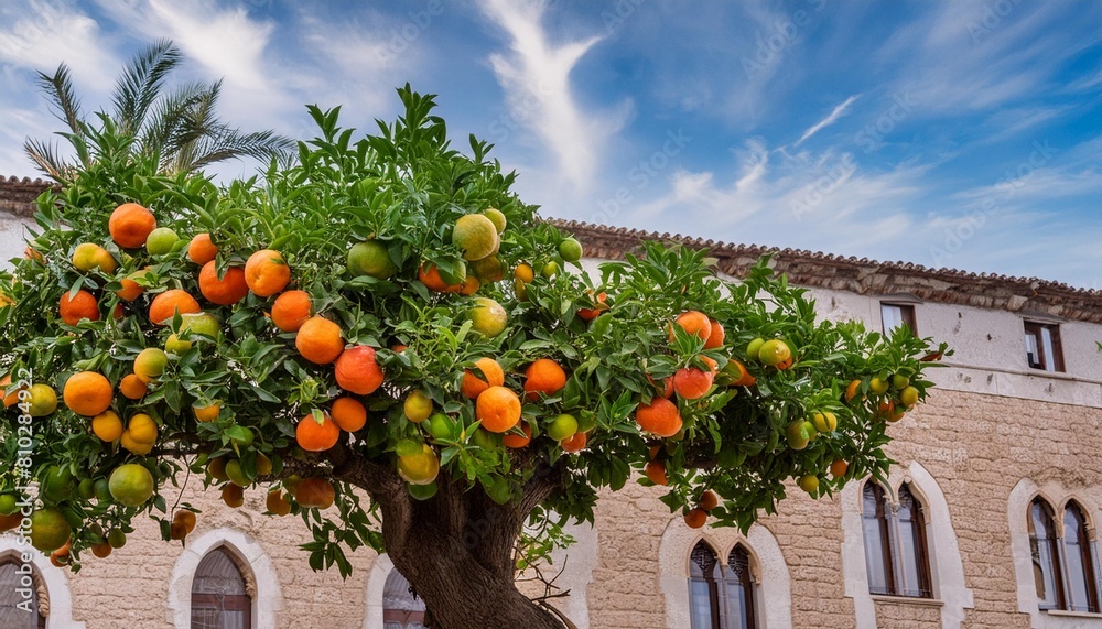 the tree is adorned with a variety of citrus fruits including valencia oranges tangerines clementines and more