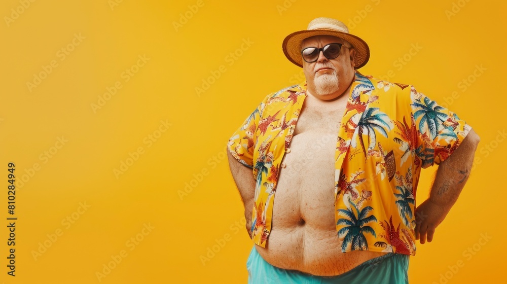 fat man in summer vacation clothes on bright yellow background in high resolution and high quality