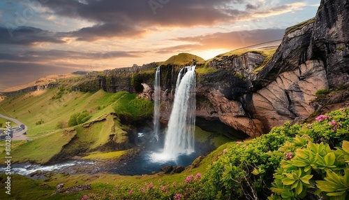 scene setting majestic waterfall cascading down a rocky cliff