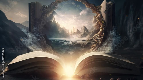 BIble Book of Creation with Fantasy and Magic Literature Religion Concept Open Learn Page Imagination Education Study Knowledge Wisdom Light Idea School Read Magical Universe Abstract Story Christian photo