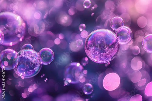 A bunch of bubbles in the air with a bright violet background. Template pattern for banner, poster design. © elinorka