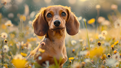 Dog Sitting in Field of Dandelions