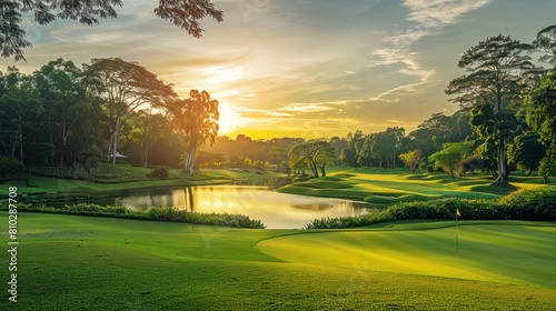 View of Golf Course with fairway and pond at sunset, Golf course with a rich green turf beautiful scenery