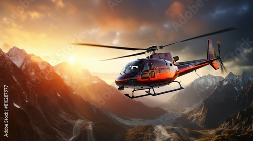 Red Color Helicopter flying over Mountains during a sunny sunrise. Epic Adventure Composite
