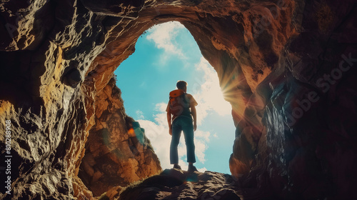 Man Standing in Middle of Cave