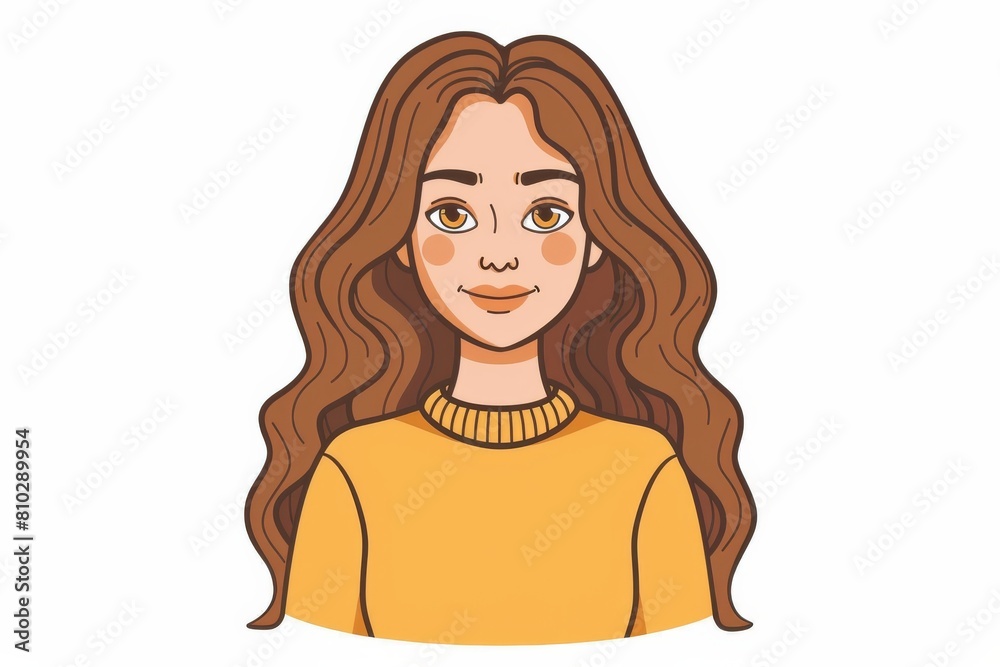 Vector illustration of a young woman with long brown hair and a yellow sweater, radiating a friendly and approachable vibe Vector illustration of a young woman with long brown hair and a yellow sweater, radiating a friendly and approachable vibe
