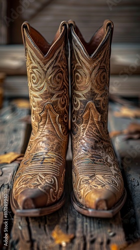 Close-up of cowboy boots featuring intricate hand-tooled leather and classic Western stitching
