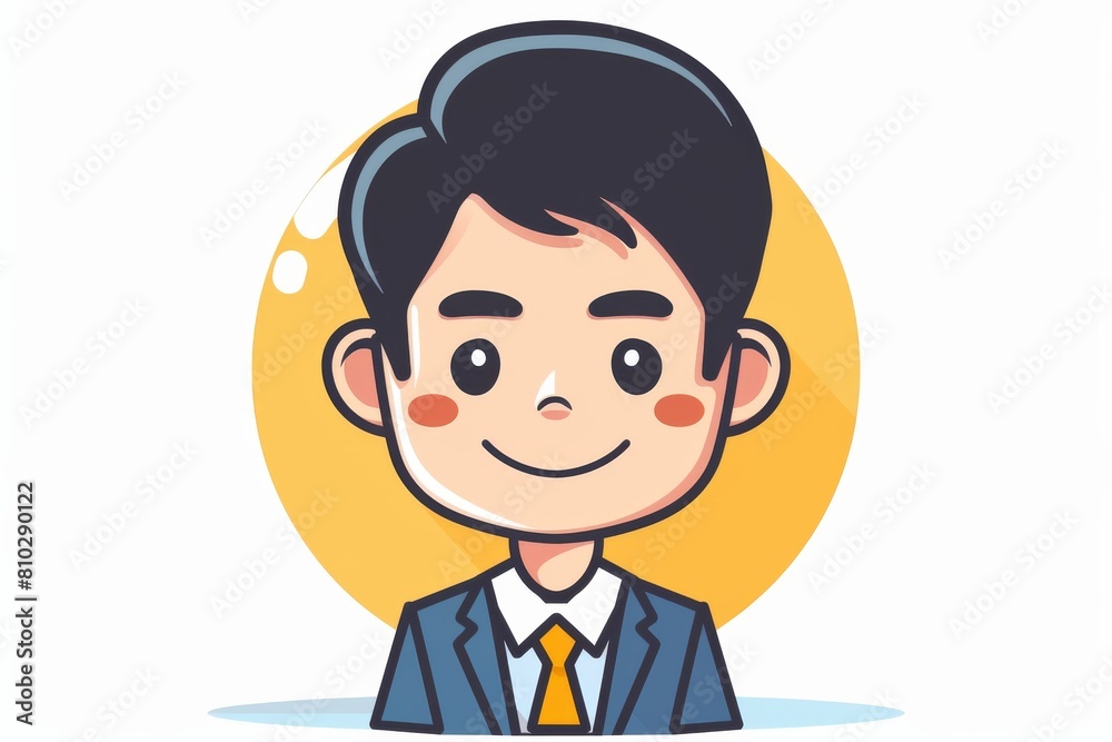 Smiling young cartoon businessman with professional appearance in vector illustration against a warm circular backdrop Smiling young cartoon businessman with professional appearance in vector illustration against a warm circular backdrop