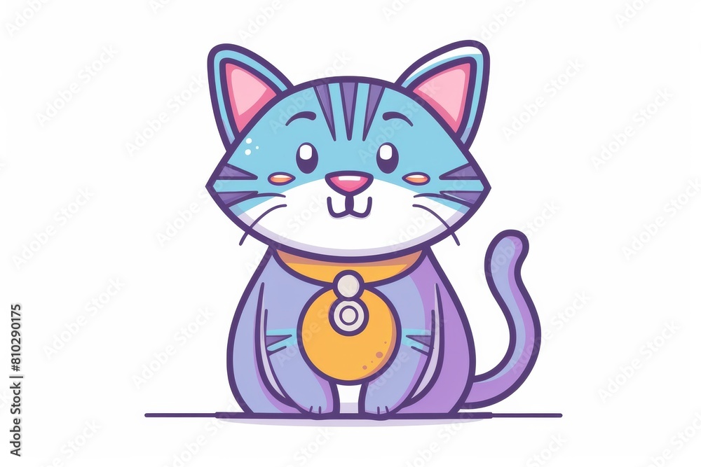 Obraz premium Charming digital drawing of a happy cartoon cat with vibrant blue fur and an adorable yellow necklace, exuding a joyful atmosphere
