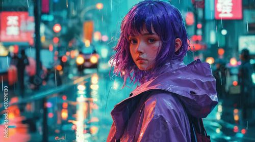 A stunning girl with violet hair and cape in the rain Generative Ai photo