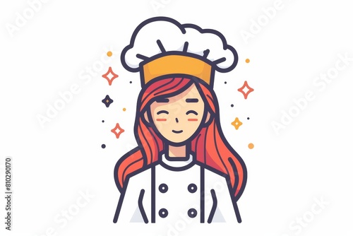 Cheerful vector illustration of a female chef wearing a toque  surrounded by lively culinary symbols  symbolizing joy and love for cooking