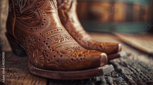 Close-up of cowboy boots featuring intricate hand-tooled leather and classic Western stitching photo
