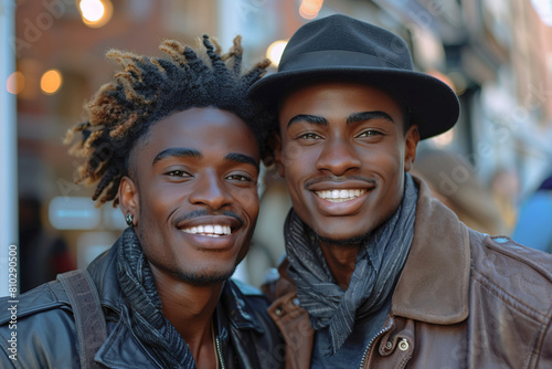 Headshot of two young stylish African American men smiling at camera casually