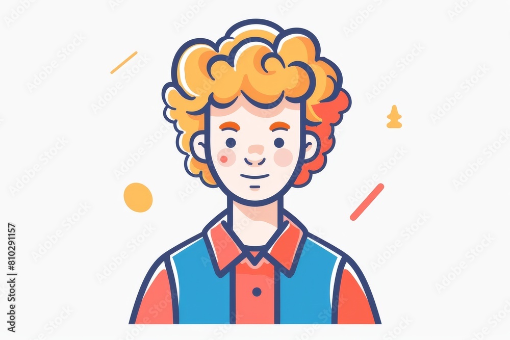 Lively digital drawing of a cartoon character with golden curls, a warm smile, and a vibrant striped shirt Lively digital drawing of a cartoon character with golden curls, a warm smile, and a vibrant striped shirt