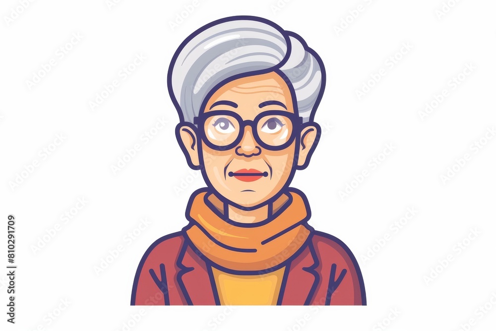 Stylish elderly woman with gray hair and glasses, wearing a cozy scarf and a warm, welcoming smile in a vibrant illustration
