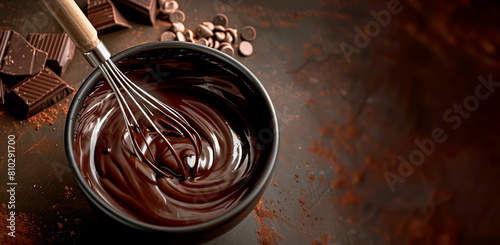 Melted chocolate on a bowl over dark marble background with copy space. World chocolate day concept