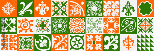 A vibrant collection of 27 ceramic tiles in an ethnic Irish style. Vibrant square floor tiles with Celtic knots and motifs. Seamless colorful patchwork tile pattern. Tribal folk ornament on wall tiles photo