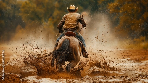 Cowboy catching a running horse  with mud splashing  Wild West and Cowboy style