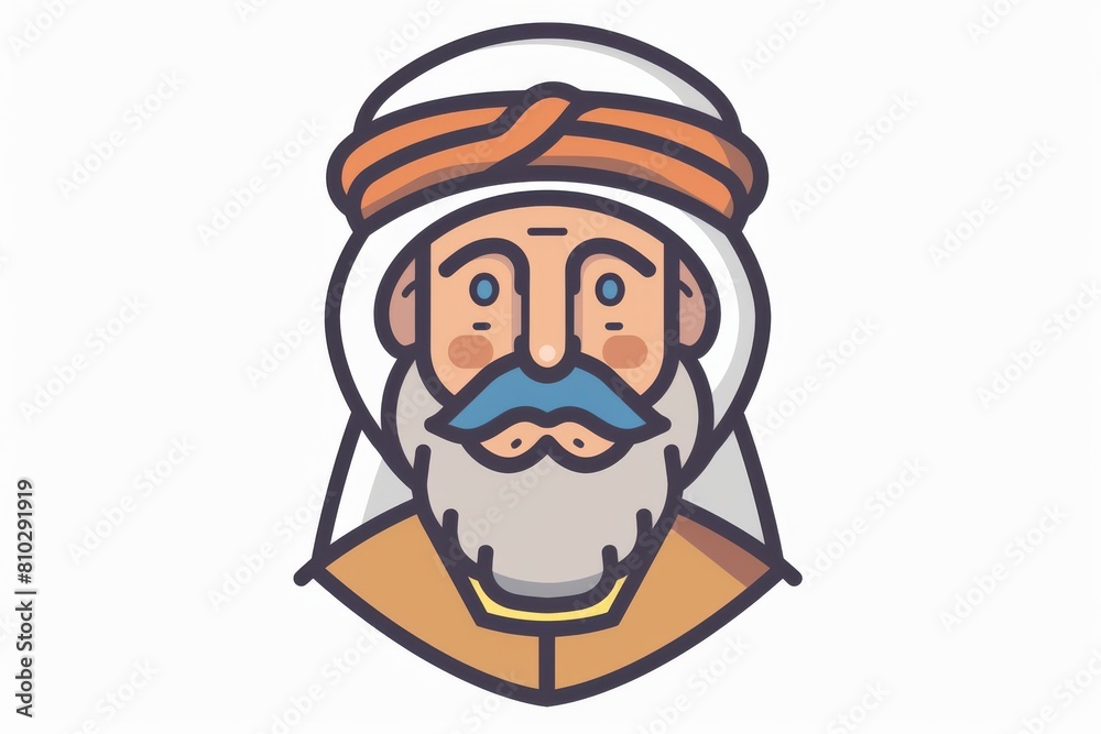 Illustration of a wise arabian elder in a colorful traditional turban and beard, showcasing cultural diversity in a welcoming, approachable style Illustration of a wise arabian elder in a colorful traditional turban and beard, showcasing cultural diversity in a welcoming, approachable style