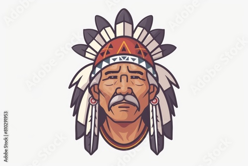 Detailed vector illustration of a stoic native american leader with a vibrant feathered headdress, showcasing cultural heritage and strength