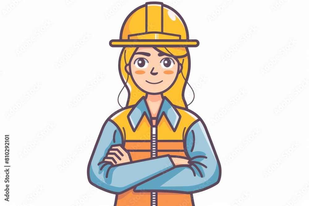 Confident female cartoon engineer with a safety helmet and reflective vest, arms crossed and smiling Confident female cartoon engineer with a safety helmet and reflective vest, arms crossed and smiling