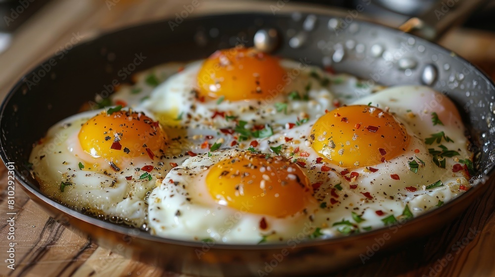 Eggs frying in a skillet or frying pan sunny side up with spices and herbs. Eggs frying in a skillet or frying pan sunny side up with spices and herbs.