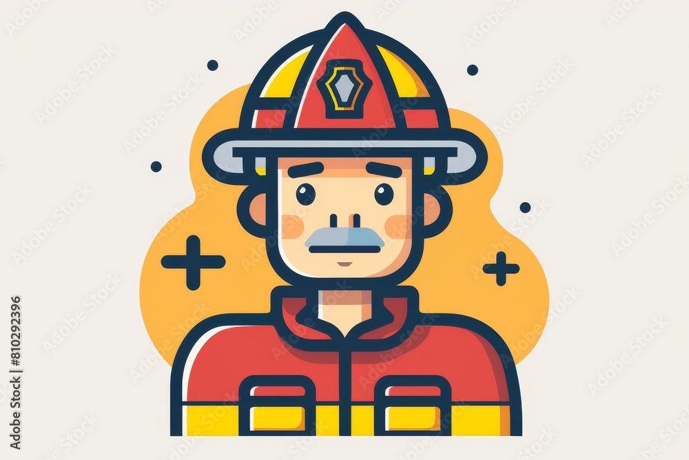 Flat design illustration of a firefighter with a helmet and uniform, featuring a stylized mustache and confident expression, ideal for safety themes Flat design illustration of a firefighter with a helmet and uniform, featuring a stylized mustache and confident expression, ideal for safety themes